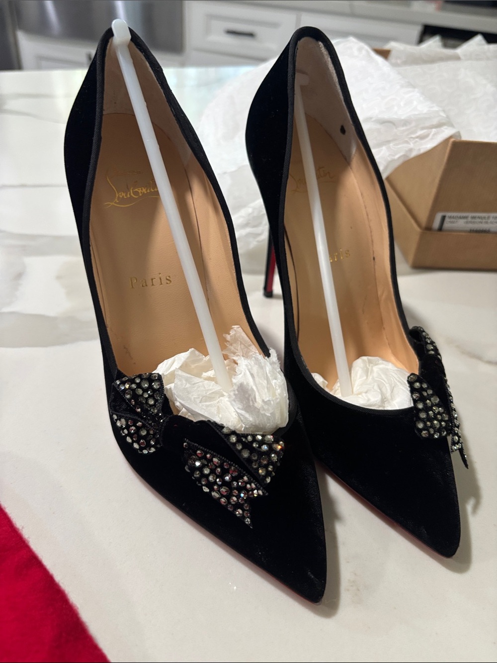 Christian Louboutin Black Velvet Pointed Toe Crystal Bow Pumps